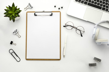 Wall Mural - Clipboard mockup. Home office workspace mock up. Template for blog, bloger, business. Flat lay clean minimal white background