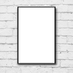 blank white poster with black frame on clean brick wall background for interior design concept