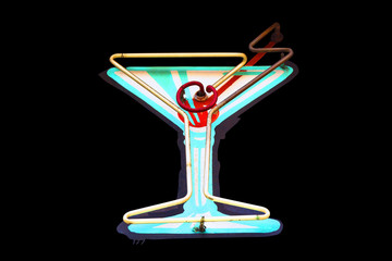 Wall Mural - Vintage neon martini sign on black background.