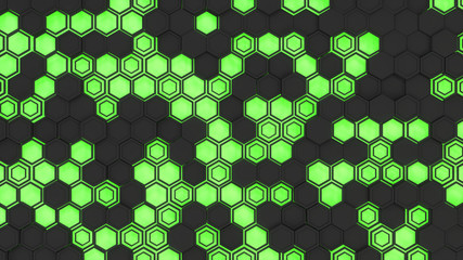 Wall Mural - Abstract 3d background made of black hexagons on green glowing background