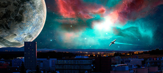 Sci-fi city with nebula, planet and spaceships, photo manipulation