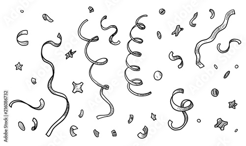 Confetti and ribbon illustration, drawing, engraving, ink, line art