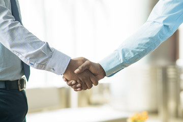 Entrepreneur giving firm handshake to his business partner. Businessman shaking hand of new coworker. Deal concept