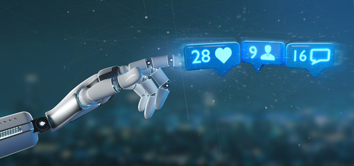 Cyborg hand holding Like, Follower and message notification on social network - 3d rendering