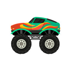 Canvas Print - Flat vector icon of monster truck with large tires and black tinted windows. Extreme transport. Heavy green car with flame decal