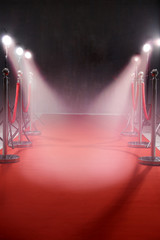 Red carpet, rope barriers and spot lights indoors