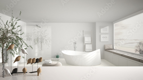 White Table Top Or Shelf With Minimalistic Bird Ornament Bir White Table Top Or Shelf With Minimalistic Bird Ornament Bir Knick Knack Over Blurred Contemporary Bathroom Big Panoramic Window Modern Interior