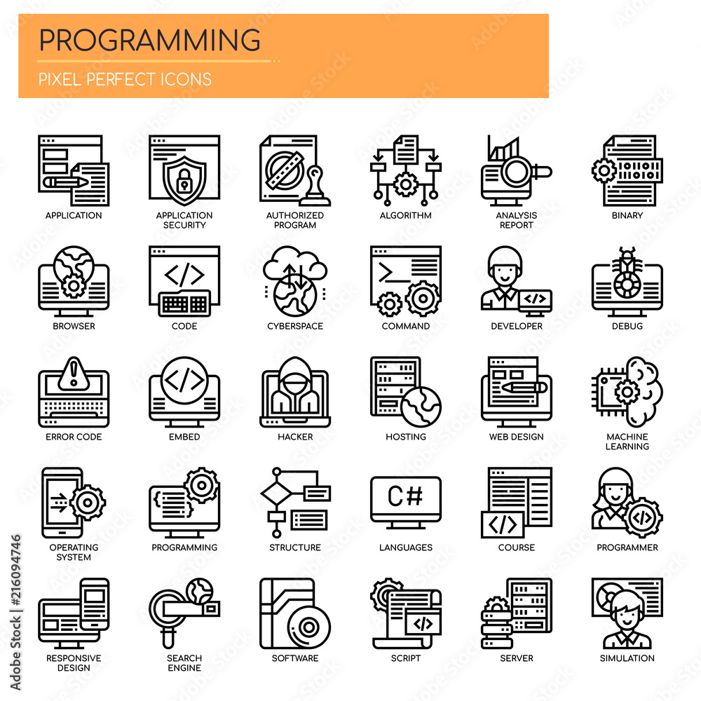Programming , Thin Line and Pixel Perfect Icons Stock Vector | Adobe Stock