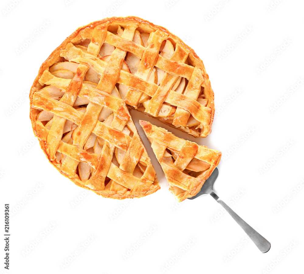 Tasty homemade apple pie and spatula on white background