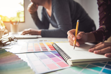 Fototapete - designer graphic creative ,creativity woman  working on laptop and designing  coloring color ideas style