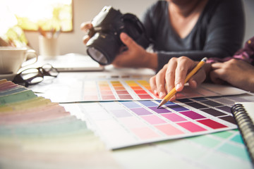 Fototapete - designer graphic creative ,creativity woman  working on camera and designing  coloring color ideas style