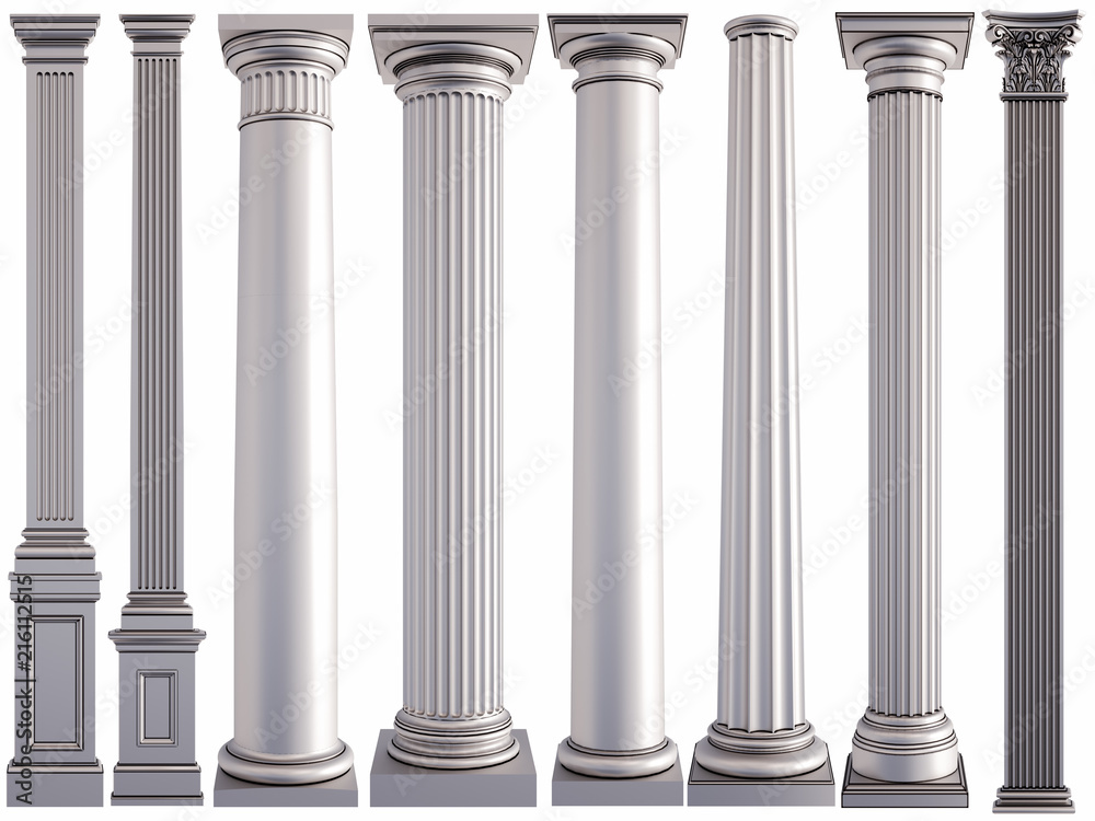 Metal columns on a white background. Isolated - obrazy, fototapety, plakaty 