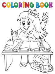 Poster - Coloring book girl behind school desk