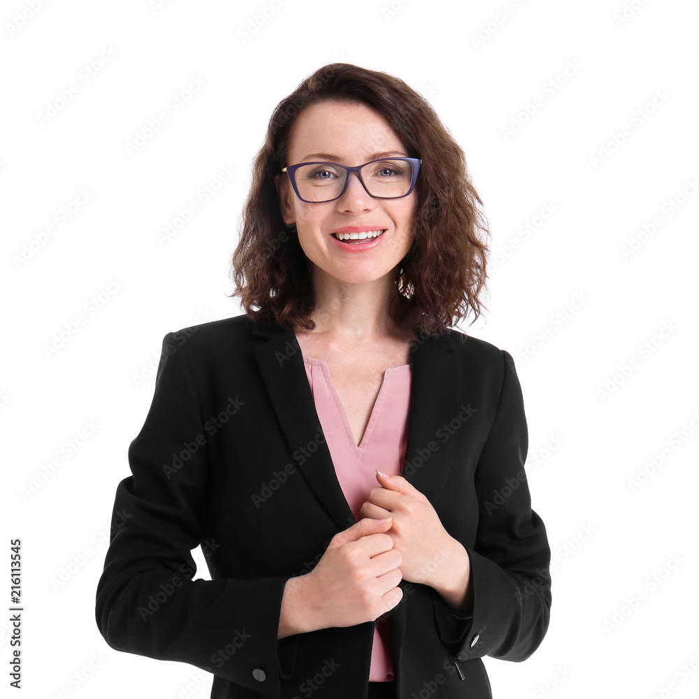 Woman in formal clothes on white background