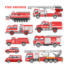 Fire Engine Vector Firefighting Emergency Vehicle Or Red Firetruck With Firehose And Ladder Illustration Set Of Firefighters Car Or Fire-engine Transport Isolated On White Background