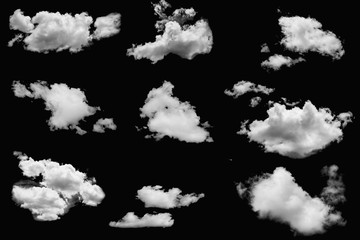 Set of clouds white fluffy on isolated elements black background.