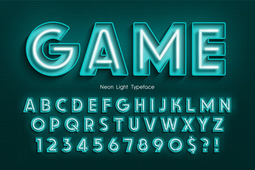 Neon light 3d alphabet, extra glowing font.