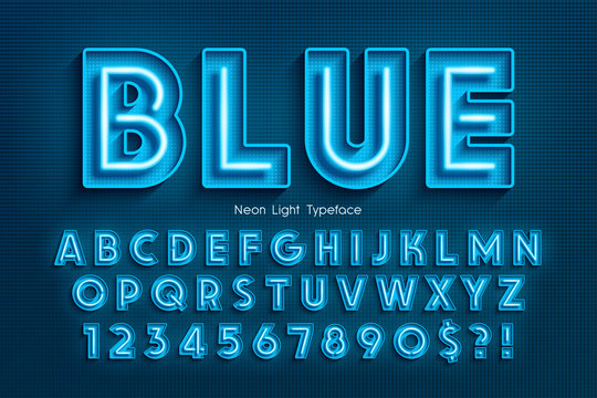 Neon light 3d alphabet, extra glowing font.
