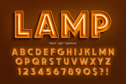 Neon light 3d alphabet, extra glowing font.