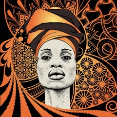 Wall Mural - African woman with African in turban, tribal background. Beautiful black woman. Vector illustration