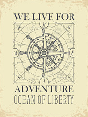  Hand-drawn vector banner with a wind rose, old nautical compass and steering wheel in retro style. Illustration on the theme of travel, adventure and discovery on the background of old map