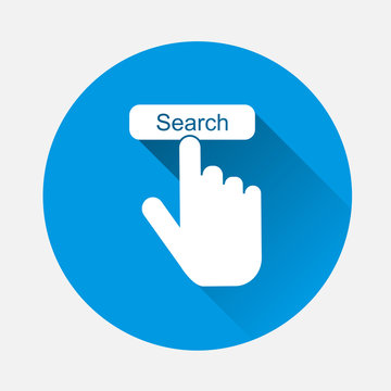 Search button vector icon with a flat shadow. The hand presses the search button on the Internet. Layers grouped for easy editing illustration. For your design.