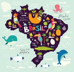 Wall Mural - Map of Brazil with cartoon symbols