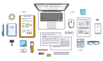 Fototapete - Office employee or entrepreneur work desk workplace with PC notebook and analytics papers with graphs and data and stationery objects on table. All elements are easy to use separately. Vector.