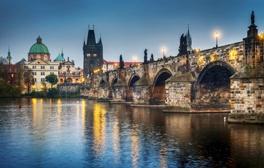 Poster - It's evening in the city of Prague. View of the Charles bridge. Czech Republic.