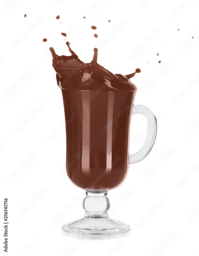 Splash of cocoa in glass cup on white background