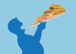 Fat man try to devour all junk food in one time with lifting a tray. Illustration about overeating.