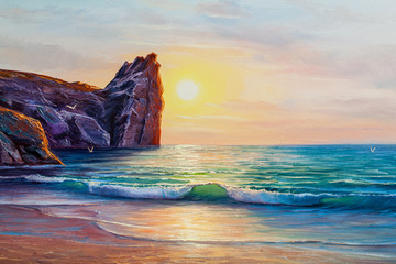 Sunset on the sea, painting by oil on canvas.