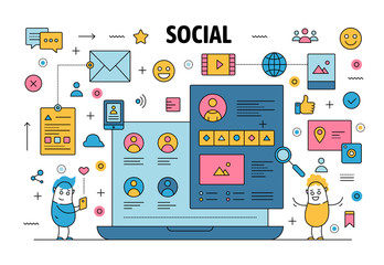 Poster - vector thin line social networking poster banner
