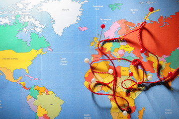 Sticker - World map with pushpins and rope, top view. Travel planning