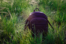 Bordeaux Leather Backpack On Grass Background