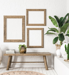 Old wooden frame mock-up in interior background,Scandi-boho style, 3d render