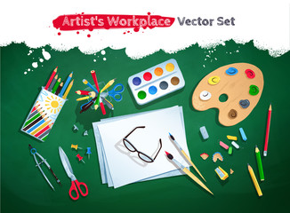 Wall Mural - Top view artist workplace vector set