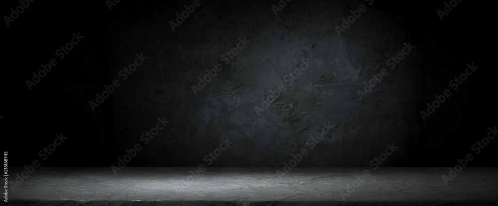 Dark room with tile floor and brick wall background - obrazy, fototapety, plakaty 