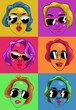 Set of women's faces in sunglasses, with different emotions.  For t-shirt, clothing, postcards, poster, stickers.