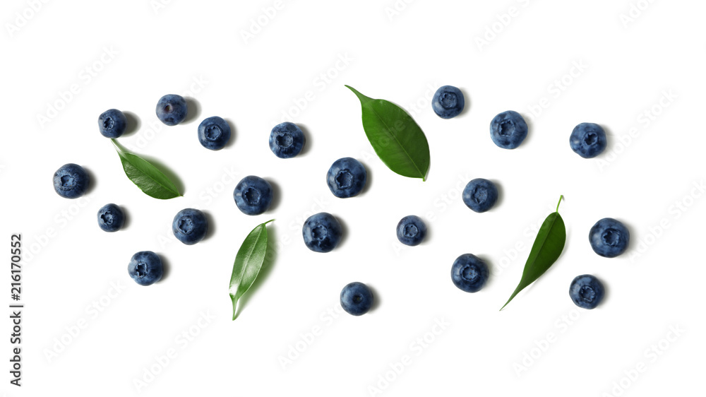 Ripe blueberries on white background, top view