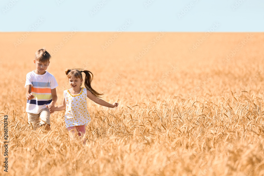 Cute little children running in wheat field on summer day