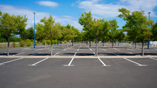 Empty Parking Lot With Trees On Sunny Summer Day