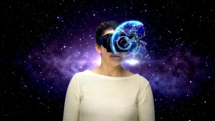 Wall Mural - 3d technology, augmented reality and entertainment concept - happy young woman with vr headset and earth projection over virtual space background