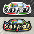 Vector logo for South Africa country, fridge magnet with south african state flag, original brush typeface for words south africa and national symbol - lighthouse at Umhlanga Rocks on sea background.