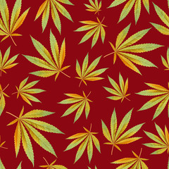 Wall Mural - red texture for design textile. yellow leaves cannabis Marijuana. Seamless modern Pattern