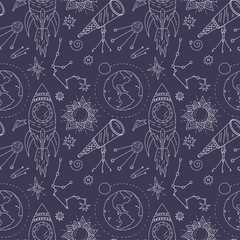 Wall Mural - seamless vector pattern with cosmos doodle illustrations. galaxy handdrawn elements.