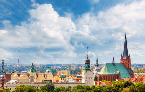 Plakat Panoramiczny widok na centrum Szczecina, Polska.