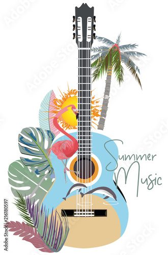 Dekoracja na wymiar  streszczenie-gitara-ozdobiona-letnimi-i-wiosennymi-kwiatami-liscmi-palmowymi-nutami-flamingiem-piekny