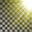 Sun ray light on top rigth corner. Transparent glow yellow sunlight effect isolated on checkered bac