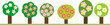 Set of different blossoming fruit trees in simplified cartoon style isolated on white background